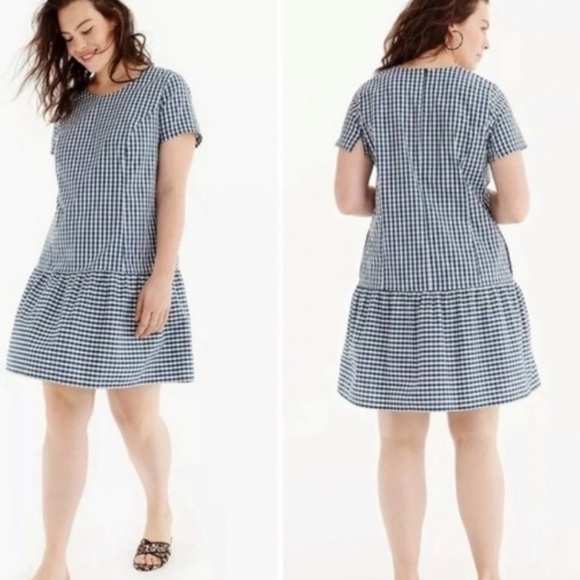 Universal Standard x J. Crew Gingham Drop Waist Dress Blue White Small M2 - Picture 3 of 9